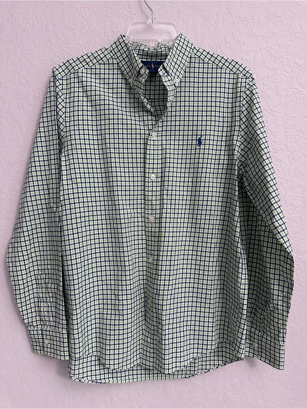 Ralph Lauren Boys Navy/Green Gingham Button Down Shirt Size XL